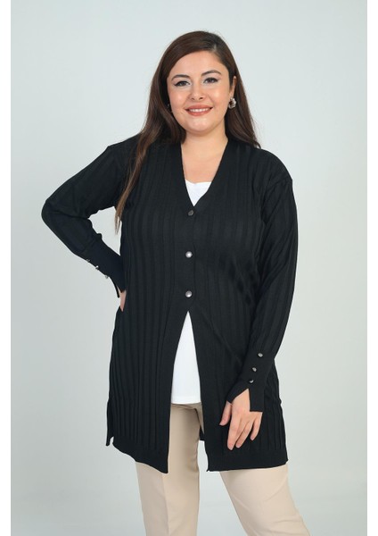 Kadın Kol Düğme Detaylı Kalın Fitilli Likralı Büyük Beden Uzun Hırka