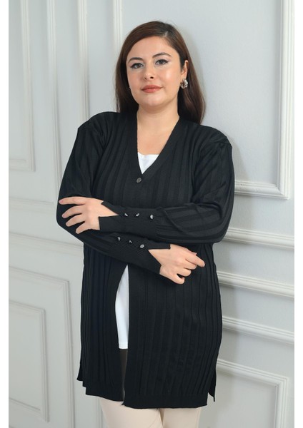 Kadın Kol Düğme Detaylı Kalın Fitilli Likralı Büyük Beden Uzun Hırka fiyatları