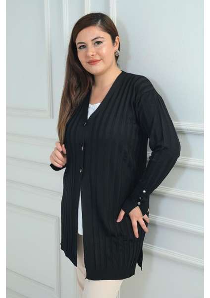 Kadın Kol Düğme Detaylı Kalın Fitilli Likralı Büyük Beden Uzun Hırka modelleri