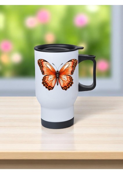 Kelebek Teması Baskılı Kulplu Çelik Bardak Termos 450 ml