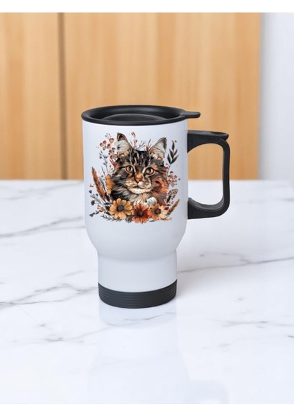 Çiçekler Içinde Kedi Baskılı Kulplu Çelik Bardak Termos 450 ml