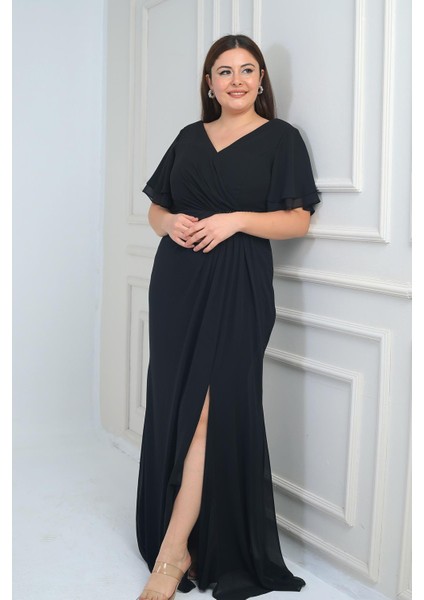 Kadın Arka V Yaka Astarlı Bel Boncuk Detaylı Darapel Büyük Beden Krep Şifon Elbise