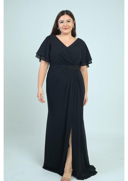 Kadın Arka V Yaka Astarlı Bel Boncuk Detaylı Darapel Büyük Beden Krep Şifon Elbise fiyatları