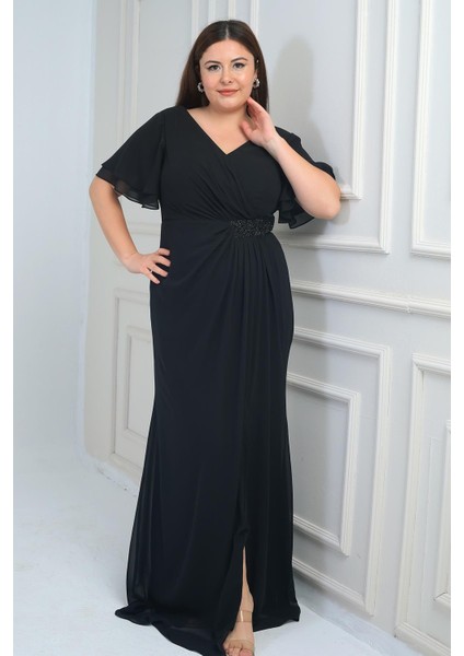 Kadın Arka V Yaka Astarlı Bel Boncuk Detaylı Darapel Büyük Beden Krep Şifon Elbise modelleri