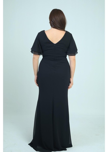 Kadın Arka V Yaka Astarlı Bel Boncuk Detaylı Darapel Büyük Beden Krep Şifon Elbise fırsatları