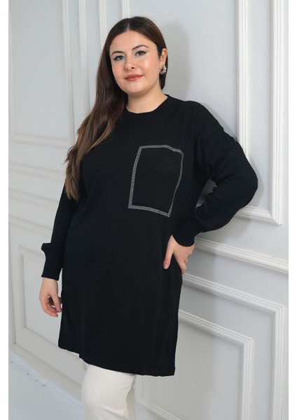 Kadın Önü Tek Cepli Taş Baskı Detaylı Büyük Beden Trikotunik Bluz