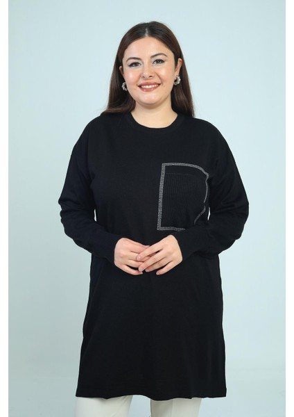 Kadın Önü Tek Cepli Taş Baskı Detaylı Büyük Beden Trikotunik Bluz modelleri