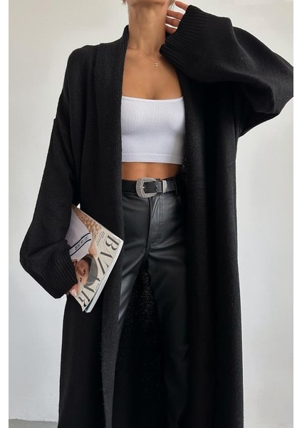 Kadın Siyah Şal Yaka Uzun Triko Hırka