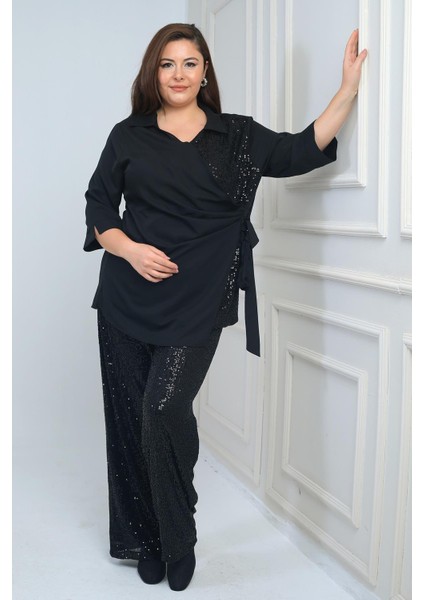 Kadın Kruvaze Polo Yaka Tek Taraf Pullu Krep Şifon Bluz Beli Lastikli Astarlı Bol Paça Pulpayet Pantolon Büyük Beden 2'li Takım