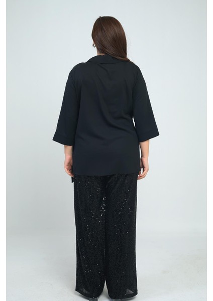 Kadın Kruvaze Polo Yaka Tek Taraf Pullu Krep Şifon Bluz Beli Lastikli Astarlı Bol Paça Pulpayet Pantolon Büyük Beden 2'li Takım fırsatları