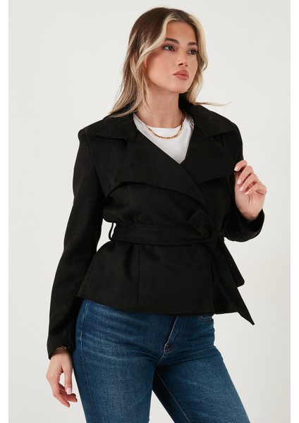 Regular Fit Kruvaze Yaka Kuşaklı Süet Dokulu Ceket Bayan Ceket 6839640 indirimleri