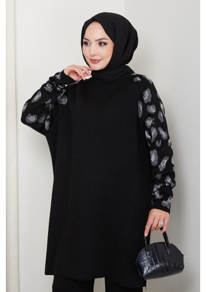 Leopar Simli Kol Desenli Pantolonlu Tunik Takım