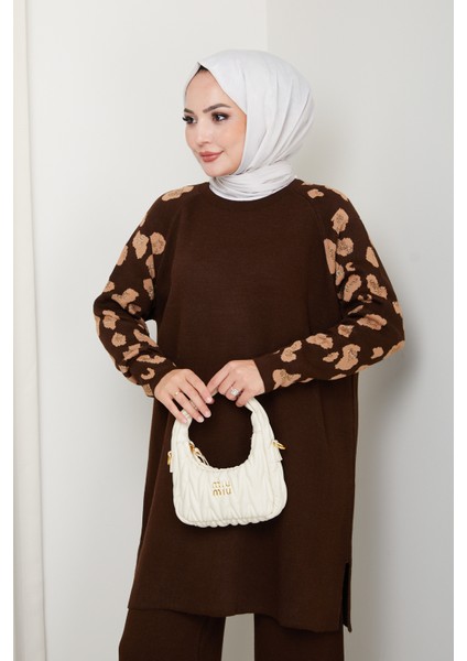 Leopar Simli Kol Desenli Pantolonlu Tunik Takım