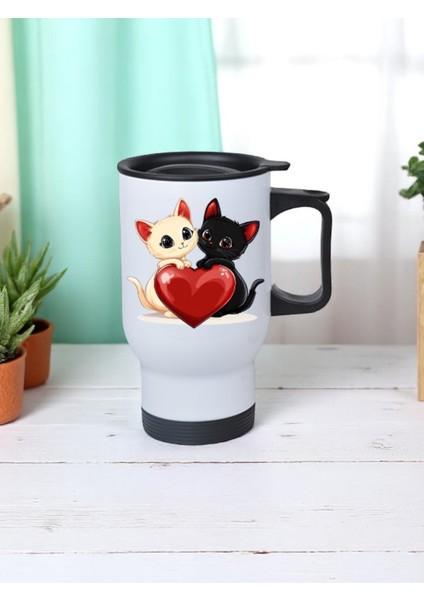 Siyah Beyaz Kedi ve Kalp Baskılı Kulplu Çelik Bardak Termos 450 ml