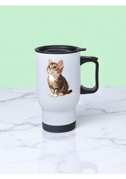 Gökyüzüne Bakan Kedi Baskılı Kulplu Çelik Bardak Termos 450 ml