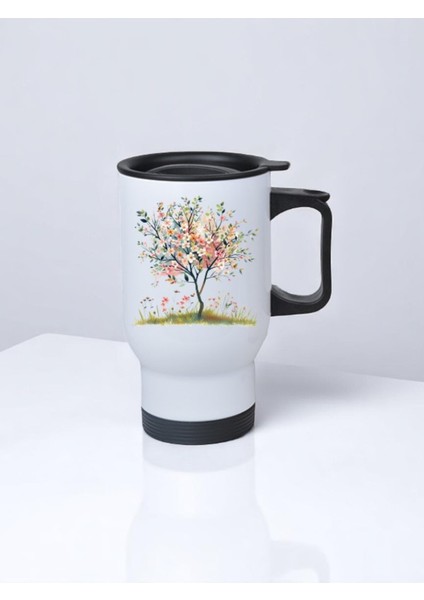 Çiçekli Ağaç Baskılı Kulplu Çelik Bardak Termos 450 ml