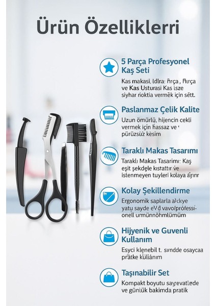 Çelik 5 Parça Kaş Şekillendirme Seti, Taraklı Makas ve Ustura indirimleri