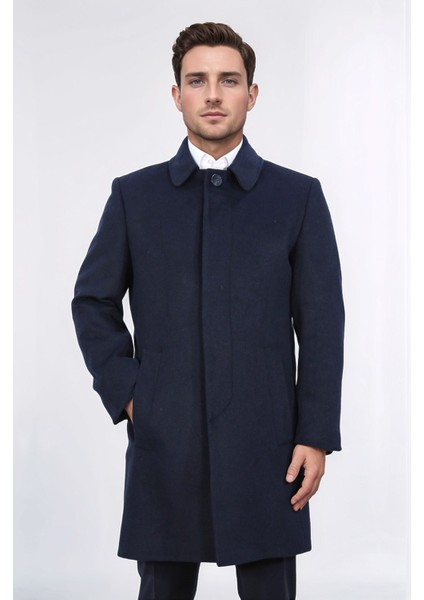 Dik Yakalı Yan Cepli Lacivert Palto