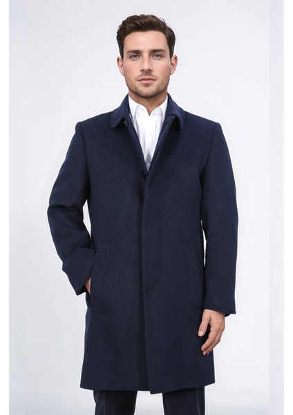 Dik Yakalı Yan Cepli Lacivert Palto fırsatları