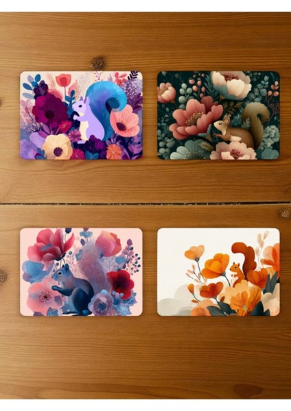 Sincap ve Çiçek Baskılı Mousepad 4'lü Mouse Pad Seti 17X21 cm