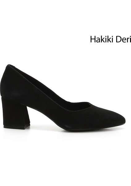 Kadın Siyah Deri Sivri Burun Orta Kalın Topuklu Hakiki Deri Ayakkabı