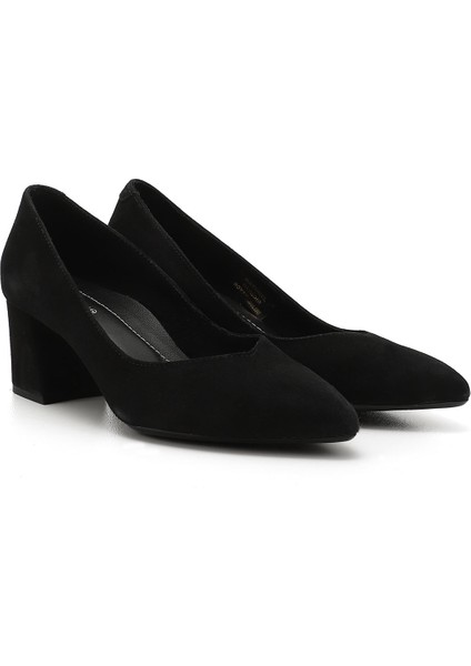 Kadın Siyah Deri Sivri Burun Orta Kalın Topuklu Hakiki Deri Ayakkabı modelleri