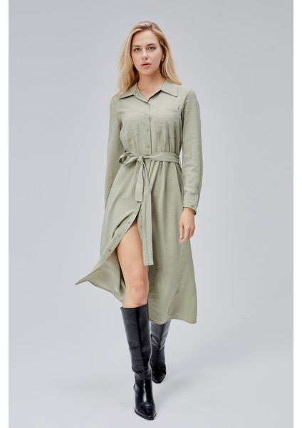 Çağla Yeşili Regular Kemerli Gömlek Elbise