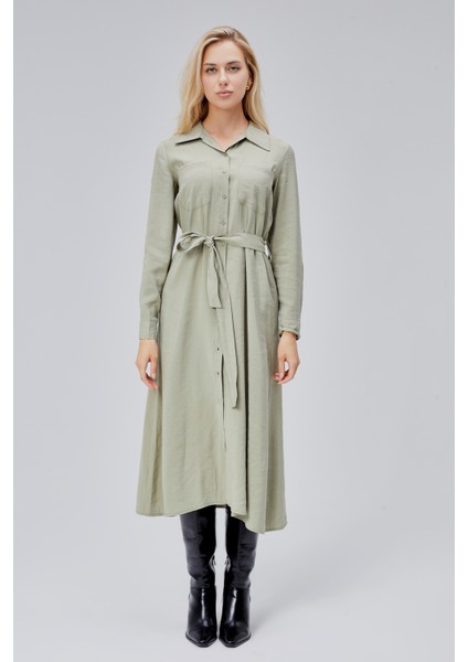 Çağla Yeşili Regular Kemerli Gömlek Elbise fiyatları