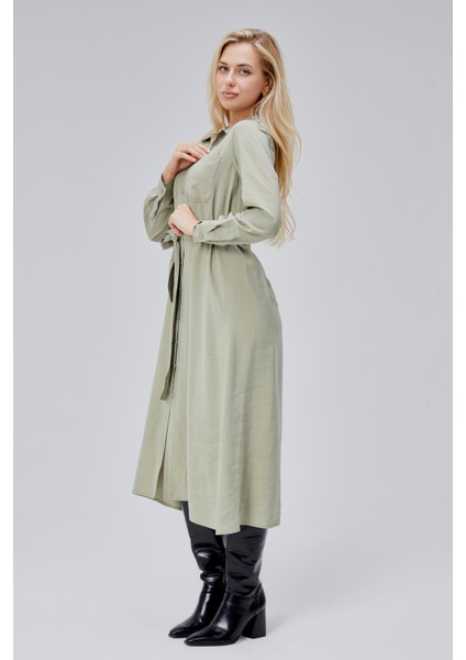 Çağla Yeşili Regular Kemerli Gömlek Elbise modelleri