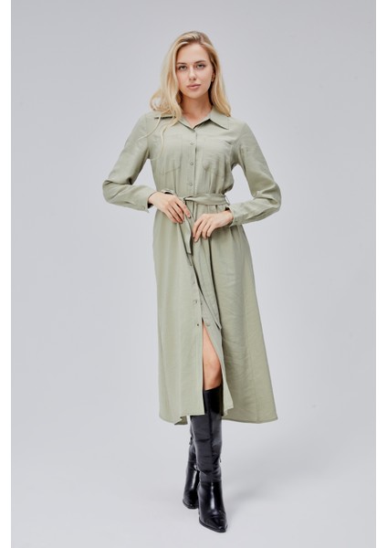 Çağla Yeşili Regular Kemerli Gömlek Elbise fırsatları