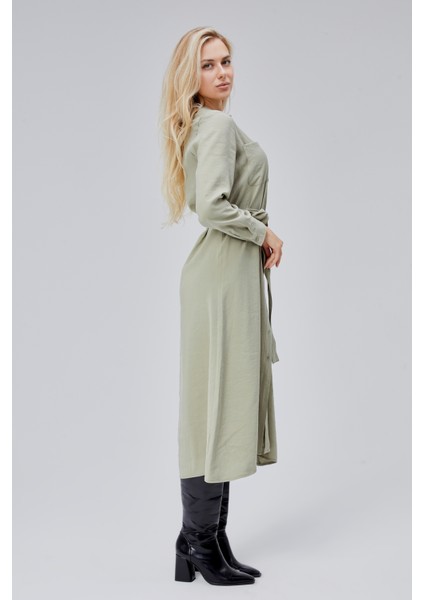Çağla Yeşili Regular Kemerli Gömlek Elbise indirimleri