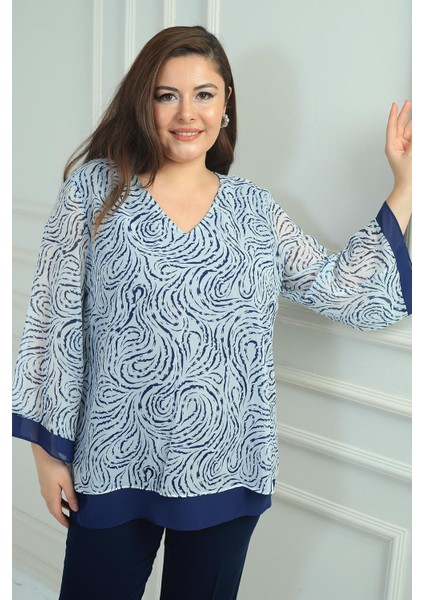 Kadın V Yaka Desenli Büyük Beden Şifon Bluz fiyatları