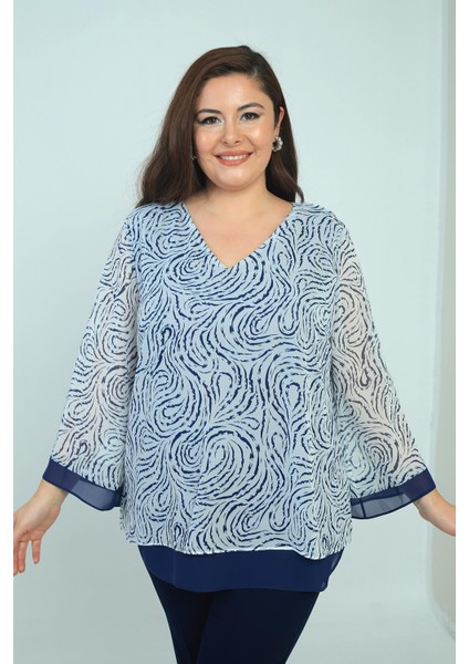 Kadın V Yaka Desenli Büyük Beden Şifon Bluz modelleri