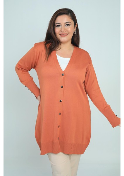Kadın Kolları Düğme Detaylı Soğuk Iplik Büyük Beden Uzun Hırka fiyatları