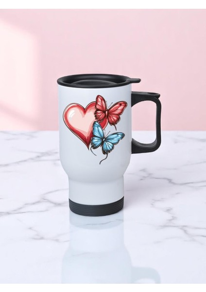 Kalp ve Kelebek Baskılı Kulplu Çelik Bardak Termos 450 ml