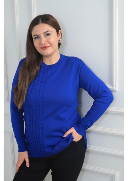 Kadın Tek Taraf Saç Örgülü Büyük Beden Likralı Tunik Bluz