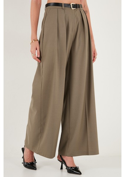 Pileli Wide Leg Yüksek Bel Geniş Paça Kemerli Palazzo Pantolon Bayan Pantolon 68351070 fırsatları