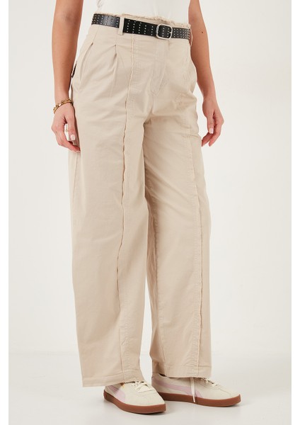 Pamuklu Relaxed Fit Geniş Paça Dikiş Detaylı Kemerli Pantolon Bayan Pantolon 68351208 modelleri