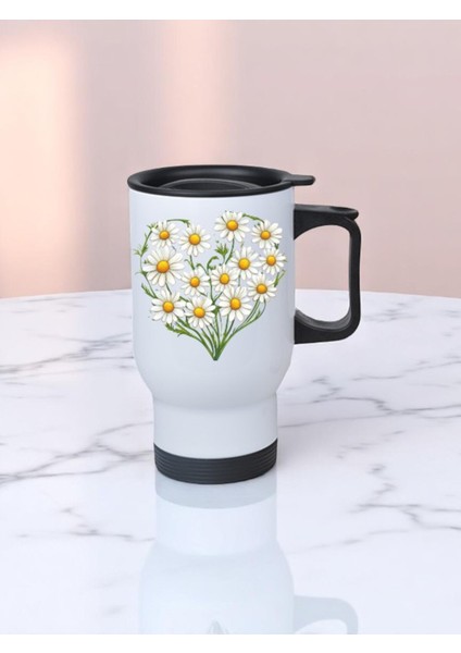 Kalpli Papatya Baskılı Kulplu Çelik Bardak Termos 450 ml