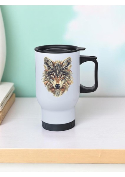 Renkli Kurt Baskılı Kulplu Çelik Bardak Termos 450 ml