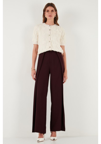 Düğmeli Pile Detaylı Wide Leg Yüksek Bel Geniş Paça Pantolon Bayan Pantolon 68351133