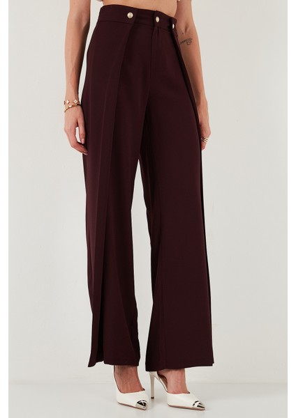 Düğmeli Pile Detaylı Wide Leg Yüksek Bel Geniş Paça Pantolon Bayan Pantolon 68351133 fırsatları