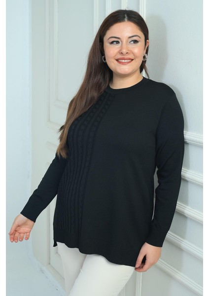 Kadın Tek Taraf Saç Örgülü Büyük Beden Likralı Tunik Bluz