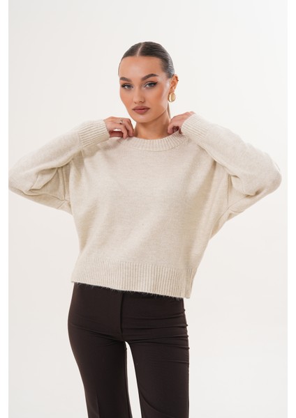 Oversize Bisiklet Yaka Krem Kazak modelleri