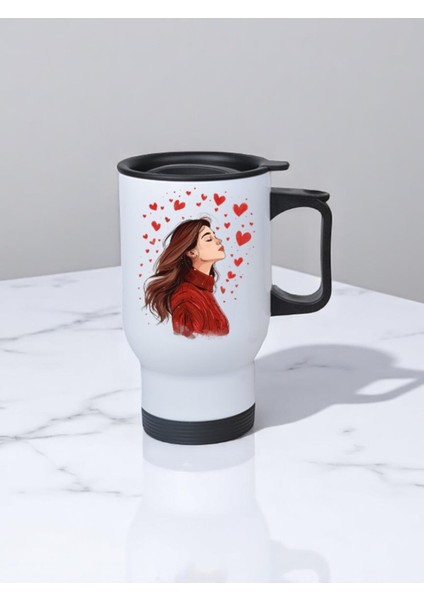 Kalpli Kadın Baskılı Kulplu Çelik Bardak Termos 450 ml