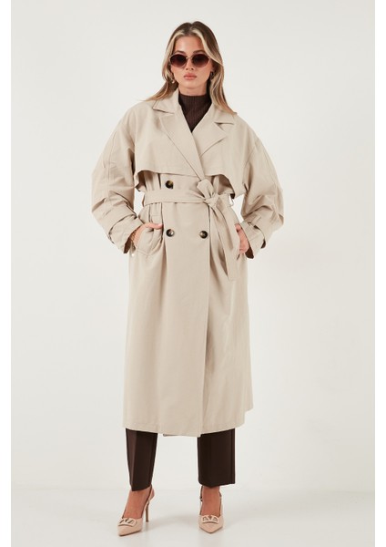 Pamuklu Oversize Kruvaze Yaka Düğmeli Uzun Trençkot Bayan Trençkot 6839605