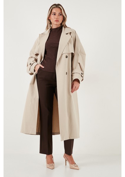 Pamuklu Oversize Kruvaze Yaka Düğmeli Uzun Trençkot Bayan Trençkot 6839605 modelleri