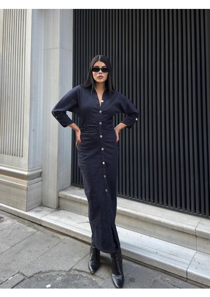 Beli Büzgülü Kot Elbise