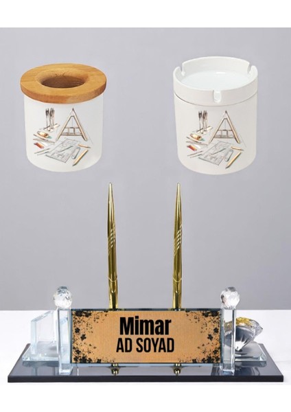 Mimar Isme Özel Masaüstü Isimlik Masa Isimliği Kalemlik Küllük Ofis Hediyesi Mimara Büro Hediyesi