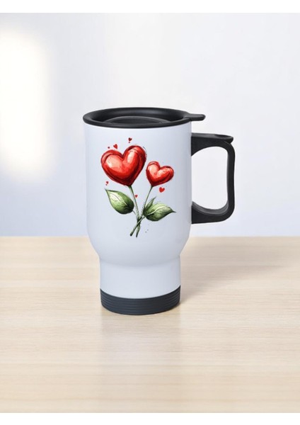 Kalp Şeklinde Çiçek Baskılı Kulplu Çelik Bardak Termos 450 ml